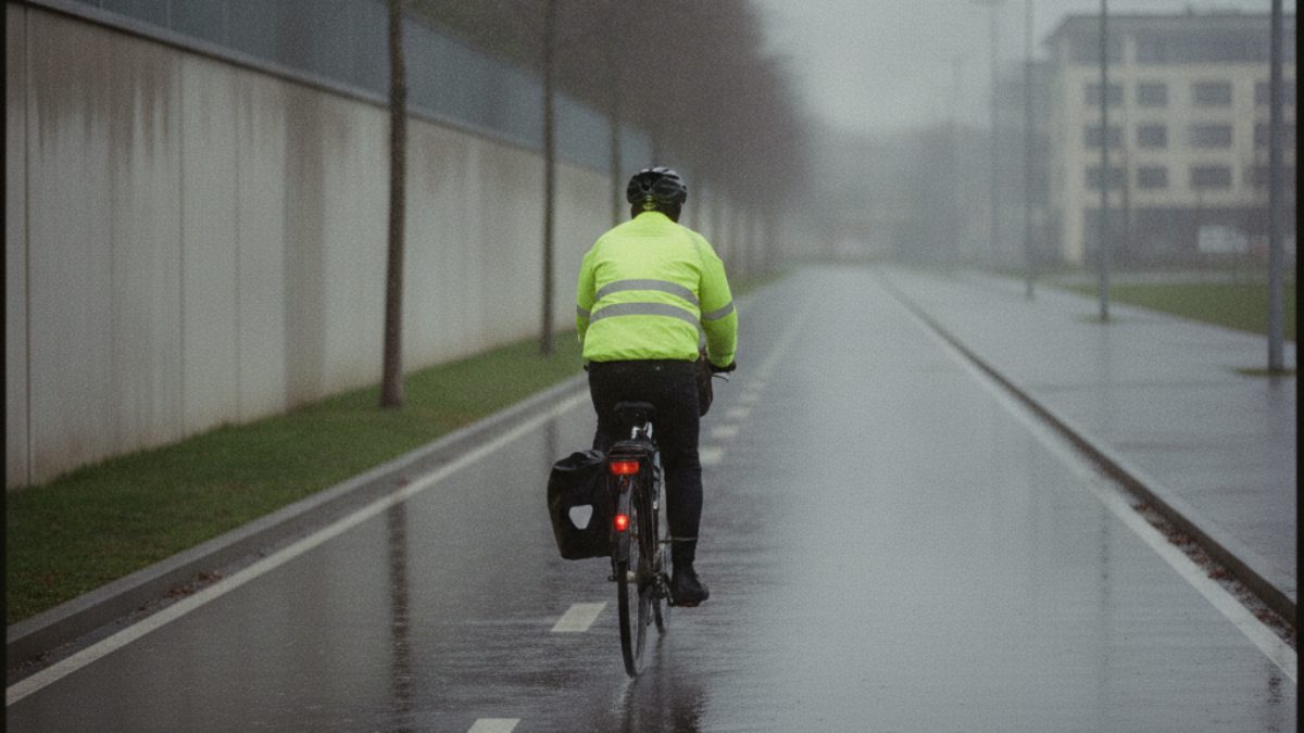 Commuter cycling to work in the rain wearing a high-visibility waterproof jacket, helmet and rear pannier on a wet urban cycle lane