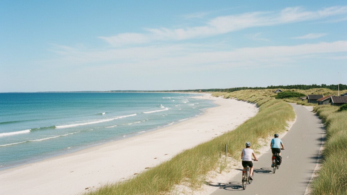 Cyclist riding along the Swedish Riviera coastline on Sydkustleden with white sandy beaches and blue sea in South Sweden