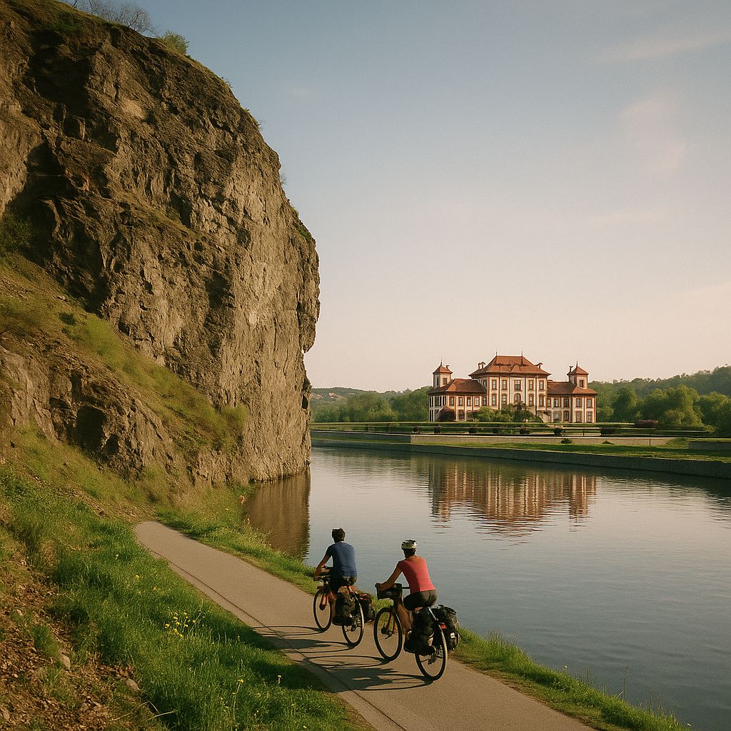 Cyclist on the Elbe cycle path through Saxon Switzerland, Germany